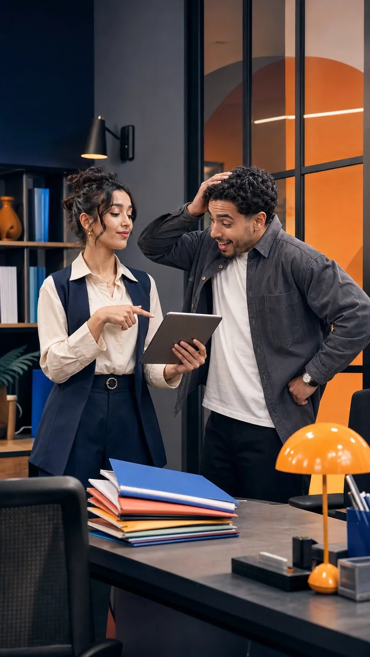 Deux figurants dans un décor de bureau en studio pour une vidéo social media
