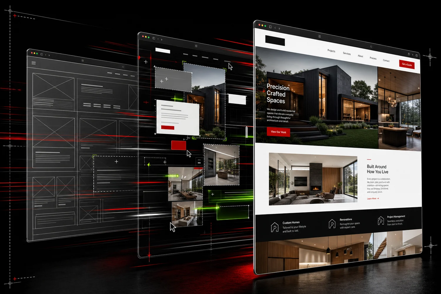 Website transforming from wireframe into a complete polished website